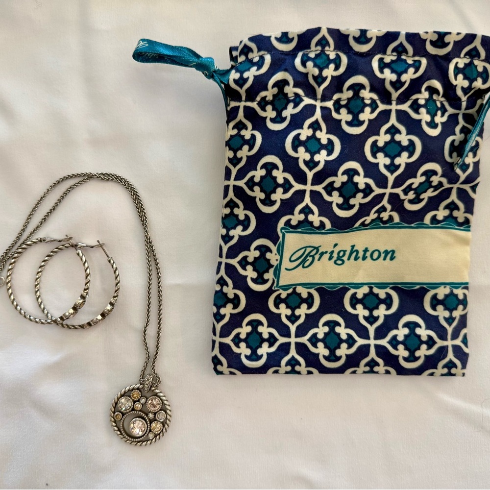 Brighton Silver Jewelry Set with Blue Pouch, earrings and necklace set